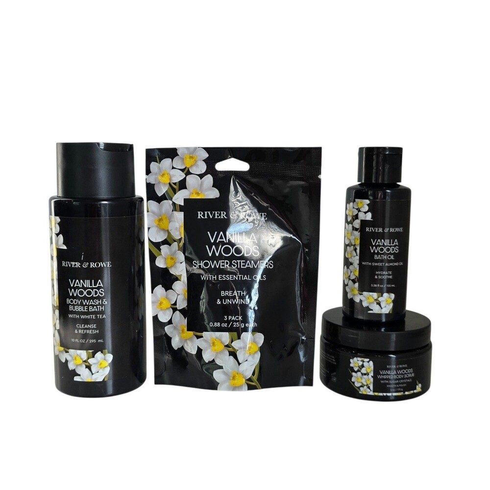 River & Rowe Vanilla Woods Body Wash, Bath Oil, Body Scrub, Shower Steamers,4pk